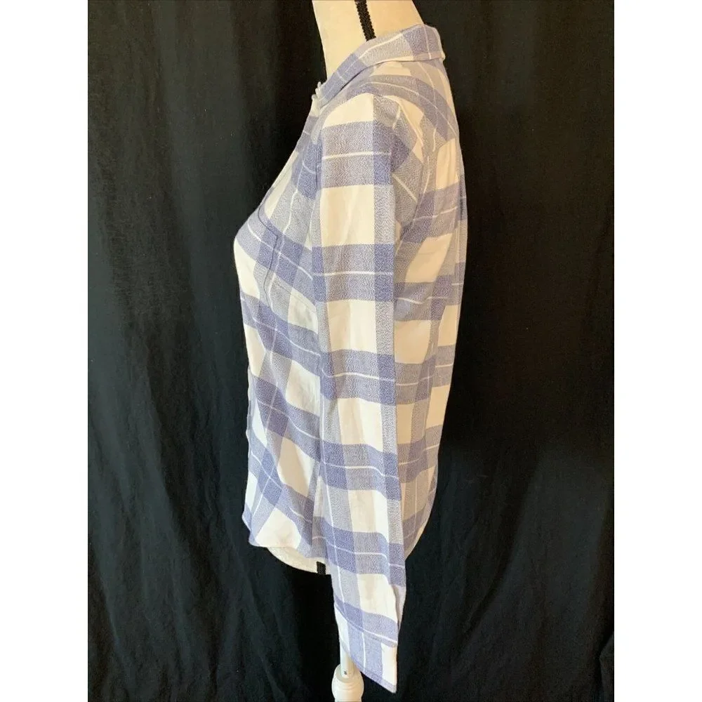 Untuckit Womens Blue White Plaid Long Sleeve Flannel Top Size 2